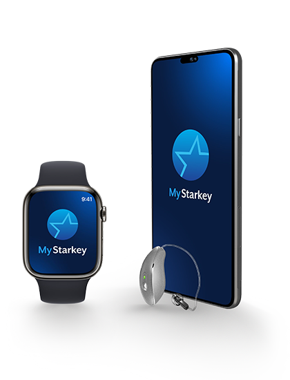 Aplicativo My Starkey conectando aparelho auditivo ao smartphone e relógio